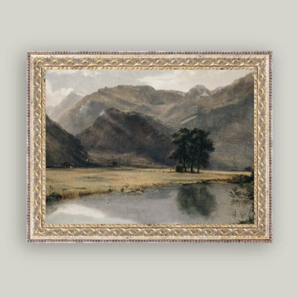 River Mountainscape Framed Antique Art